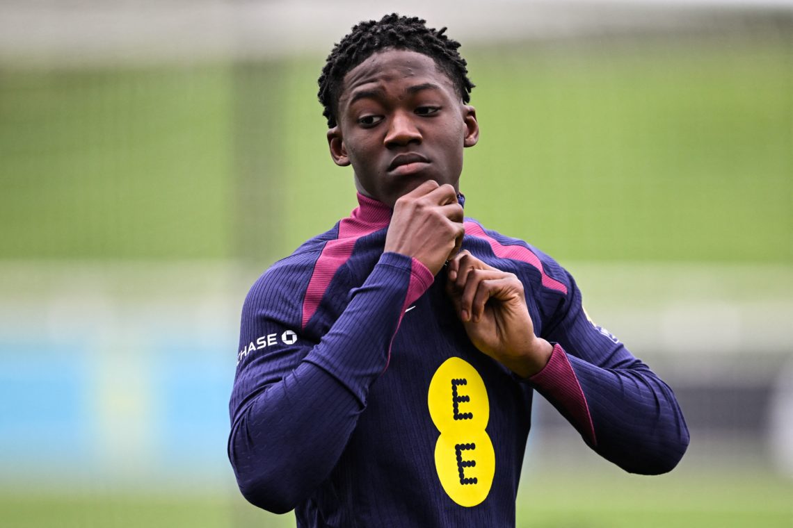 England's midfielder Kobbie Mainoo takes part in a team training session at St George's Park in Burton-on-Trent, central England, on March 20, 2024...