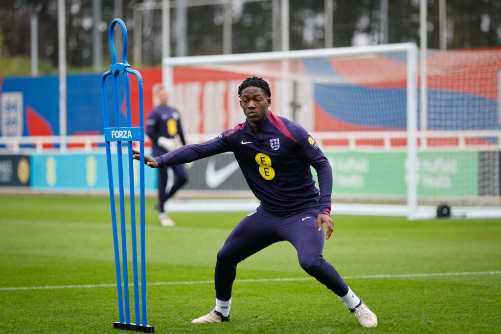 Kobbie Mainoo of England trains during England training session at St Georges Park on March 20, 2024 in Burton-upon-Trent, England.