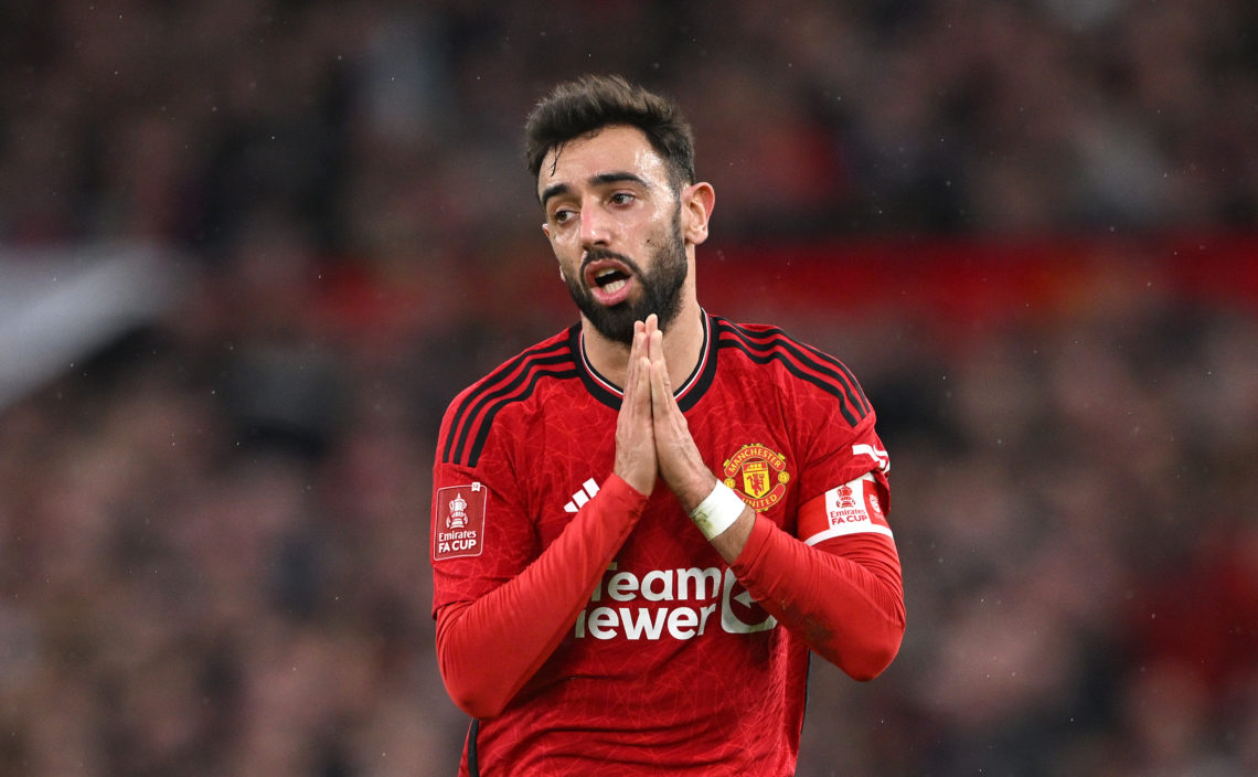 Bruno Fernandes of Manchester United reacts in frustration during the Emirates FA Cup Quarter Final match between Manchester United and Liverpool a...