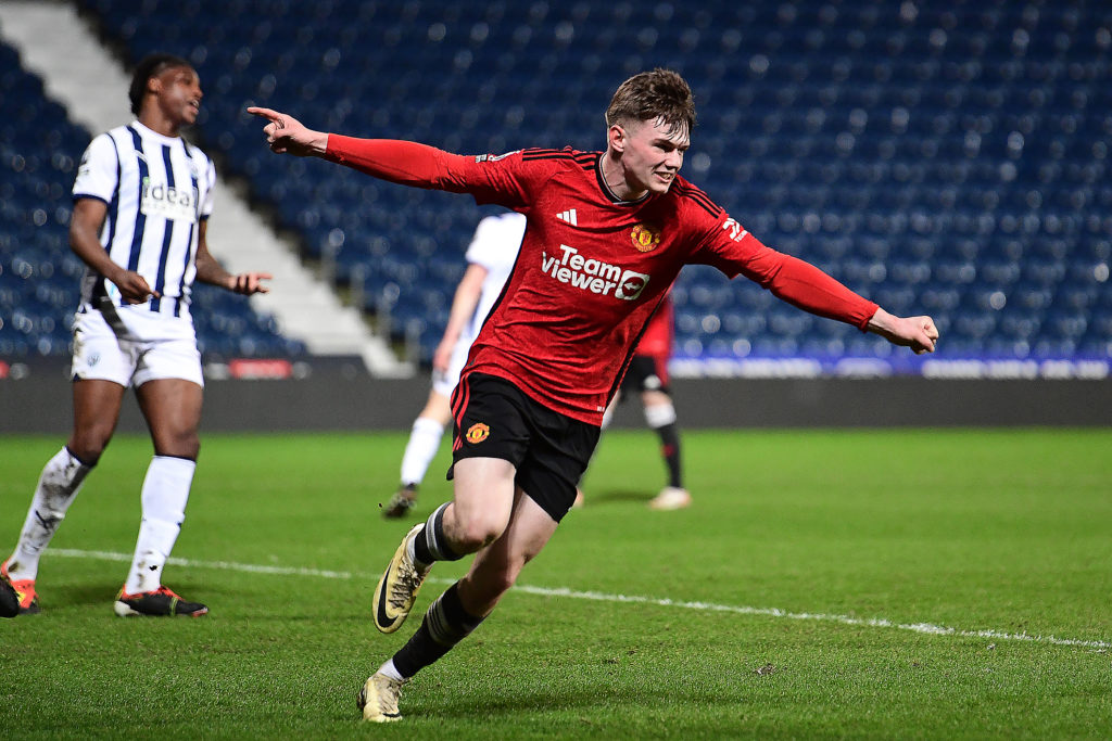 Ethan Ennis of Manchester United U21s celebrates scoring their second goal during the Premier League 2 match between West Bromwich Albion U21 and M...