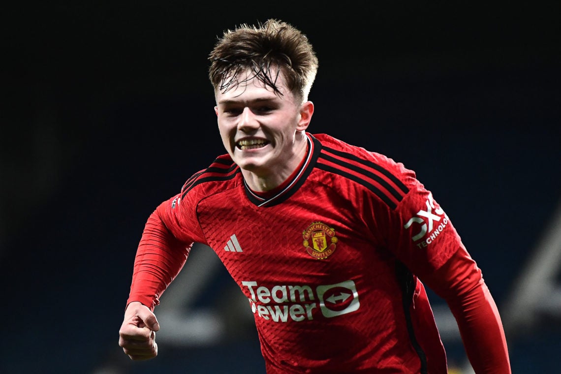 Ethan Ennis of Manchester United U21s celebrates scoring their second goal during the Premier League 2 match between West Bromwich Albion U21 and M...