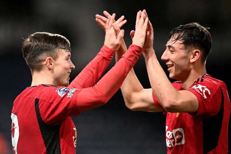 Charlie McNeill and Sonny Aljofree of Manchester United U21s in action during the Premier League 2 match between West Bromwich Albion U21 and Manch...