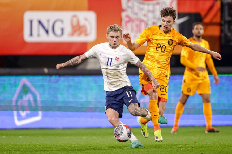 Isak Hansen-Aaroen of Norway U21 battles for possession with Youri Regeer of the Netherlands U21 during the U21 International Friendly match betwee...