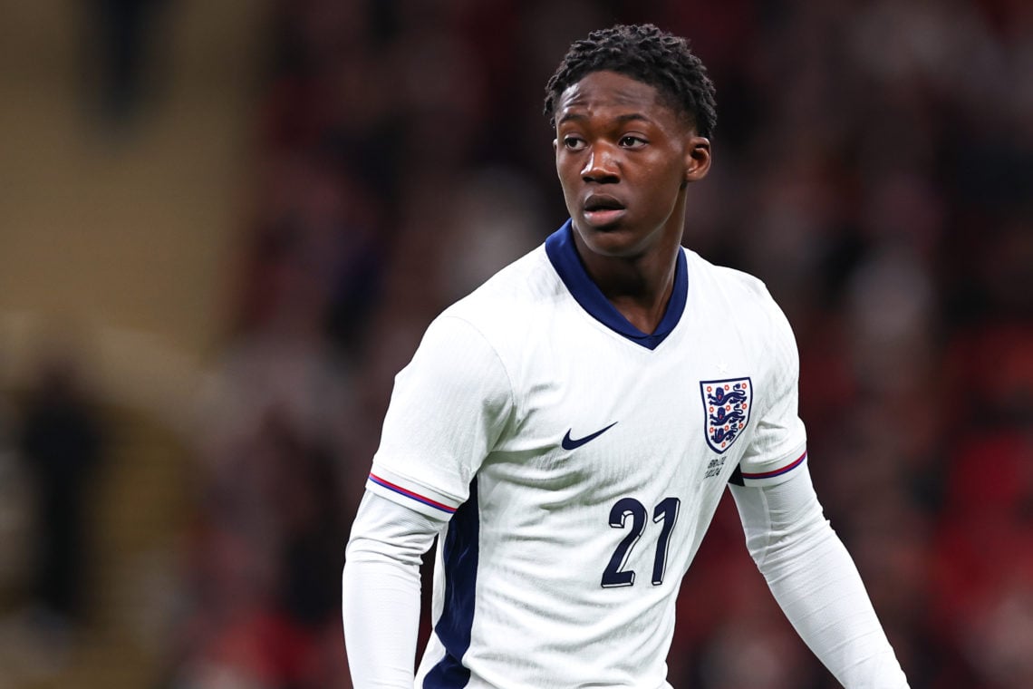 Kobbie Mainoo of England during the international friendly match between England and Brazil at Wembley Stadium on March 23, 2024 in London, England.