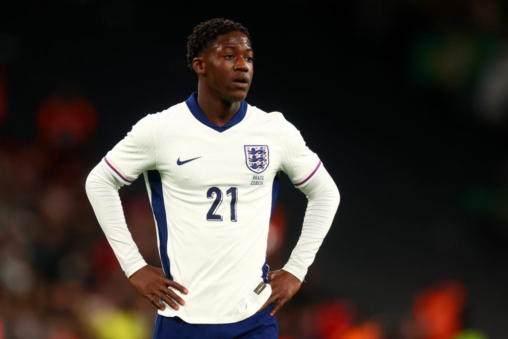 Kobbie Mainoo of England looks on during the international friendly match between England and Brazil at Wembley Stadium on March 23, 2024 in London...