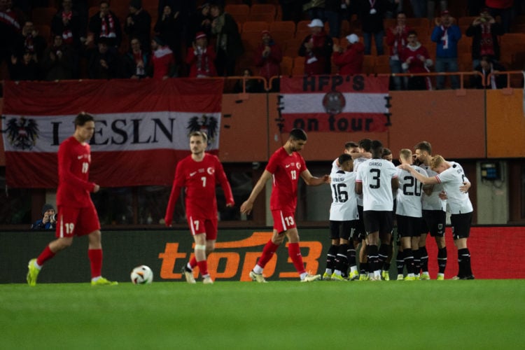 Players of Austria celebrate after the Austria and Turkiye friendly match at Ernst Happel Stadium in Vienna, Austria on March 26, 2024.