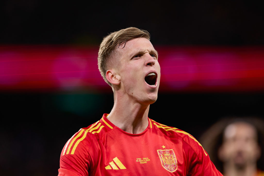 Dani Olmo of Spain celebrates a goal during the