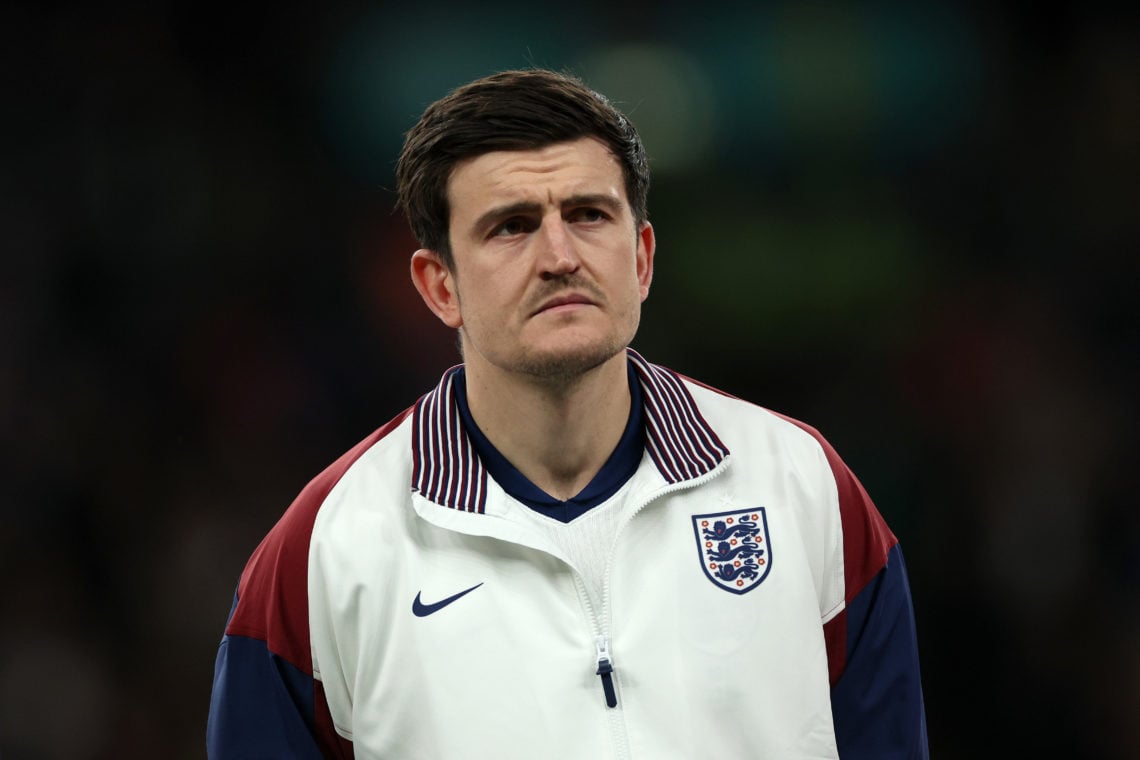 Harry Maguire of England lines up for the national anthems prior to the international friendly match between England and Brazil at Wembley Stadium ...
