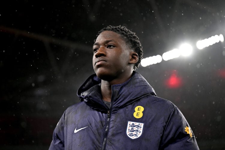 Kobbie Mainoo of England looks on following the international friendly match between England and Belgium at Wembley Stadium on March 26, 2024 in Lo...