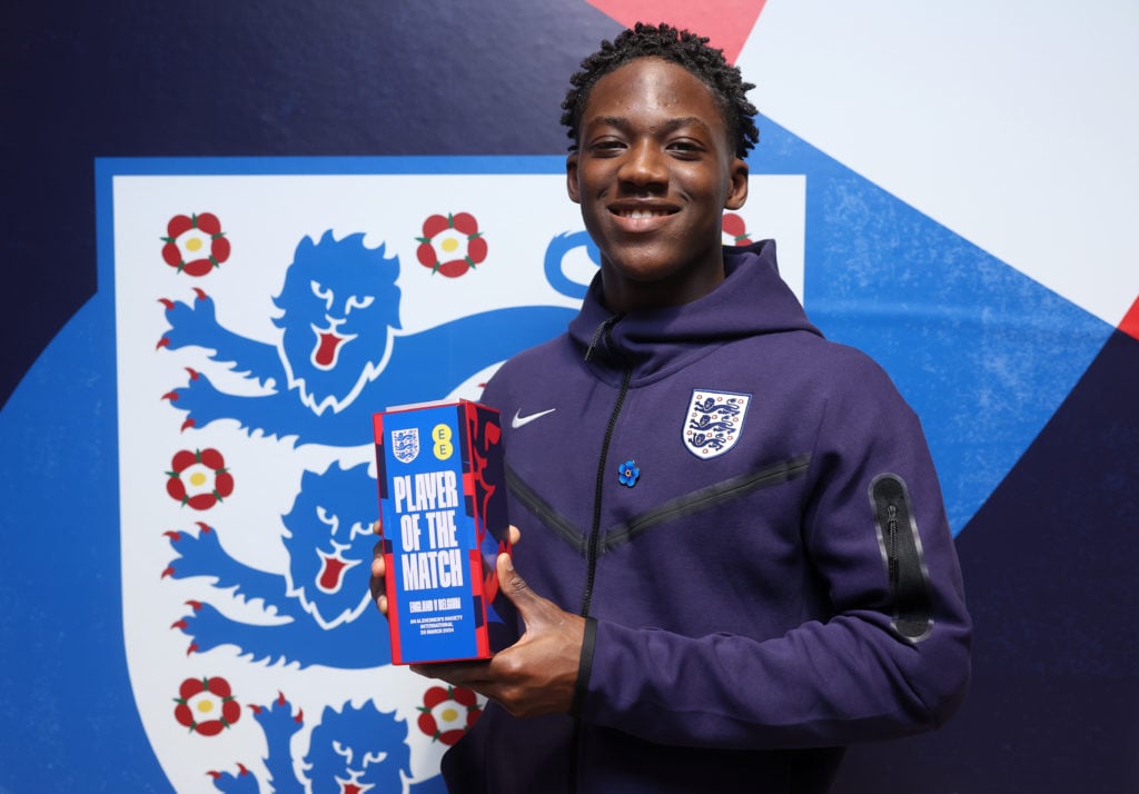 Kobbie Mainoo of England poses for a photo with the Player of the Match award following the international friendly match between England and Belgiu...