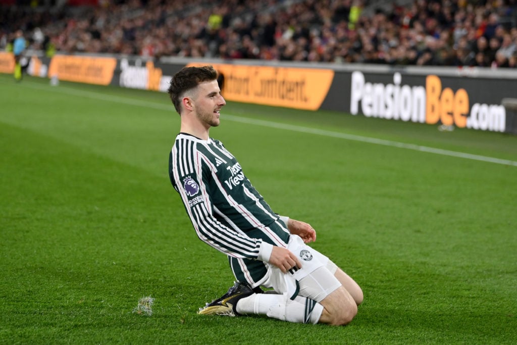 Mason Mount of Manchester United celebrates scoring his team's first goal during the Premier League match between Brentford FC and Manchester Unite...