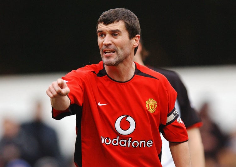 Roy Keane of Manchester United directs his team-mates during the FA Barclaycard Premiership match between Fulham and Manchester United at Loftus Ro...