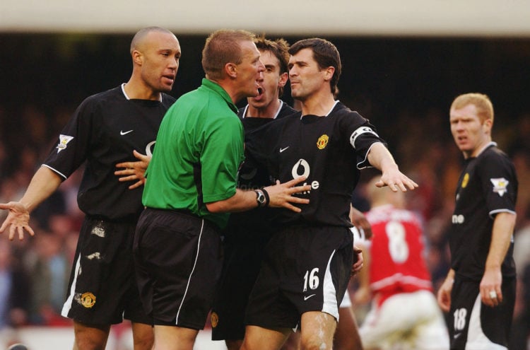 Mikael Silvestre, Gary Neville and Roy Keane of Manchester United appeal to referee Graham Poll after Ryan Giggs was denied a penalty during the FA...