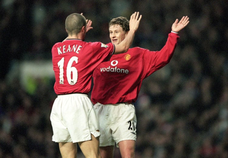 Ole Gunnar Solskjaer and Roy Keane of Manchester United celebrate during the FA Carling Premier League match against Ipswich played at Old Trafford...