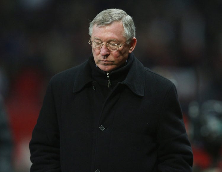 Sir Alex Ferguson of Manchester United walks off after the UEFA Champions League Quarter-Final Second Leg match between Manchester United and Bayer...