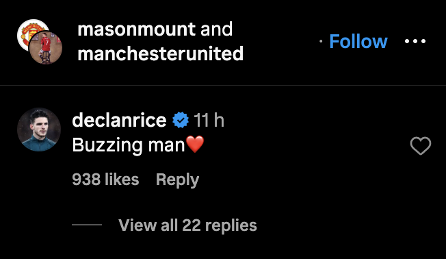 Declan Rice’s message to Man United star Mason Mount. Credit: Instagram.