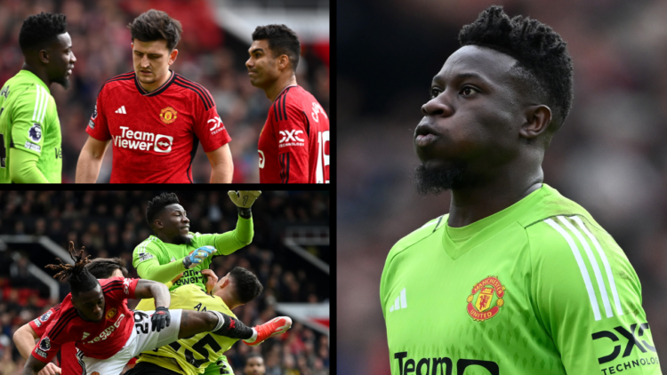 Andre Onana in action for Manchester United during the Premier League match at Old Trafford against Burnley. Onana speaking to United teammates Cas...