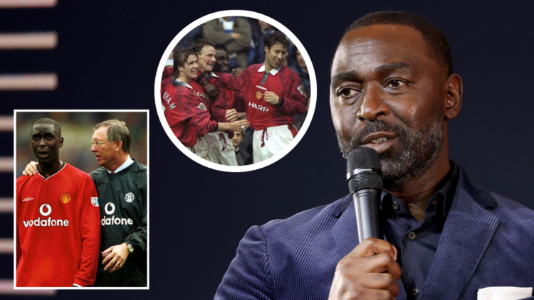 Premier League Hall of Fame 2024 Inductions features Andy Cole. Inset, Cole celebrates a goal with David Beckham, Teddy Sheringham, Ronny Johnsen. ...