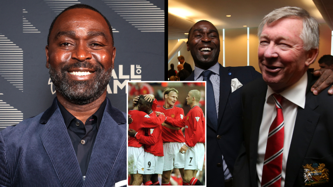Split image, Andy Cole on left at the Premier League Hall of Fame. on right, Andy Cole and Sir Alex Ferguson. Inset, Cole celebrates scoring a goal...