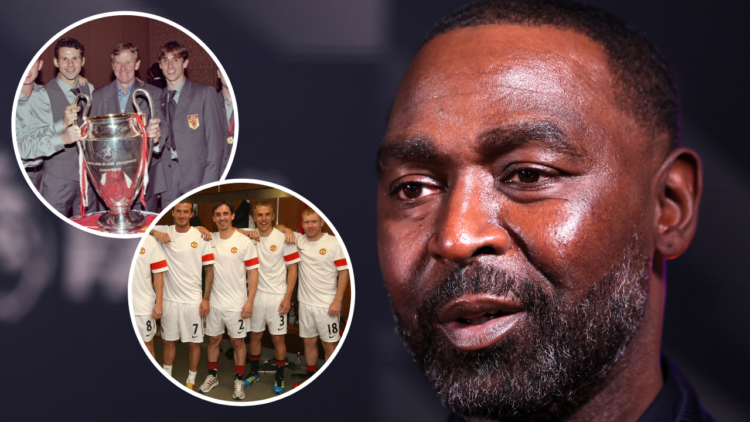 Andy Cole at the Premier League Hall of Fame 2024, with image overlays featuring the Manchester United legend’s former teammates who were part of t...