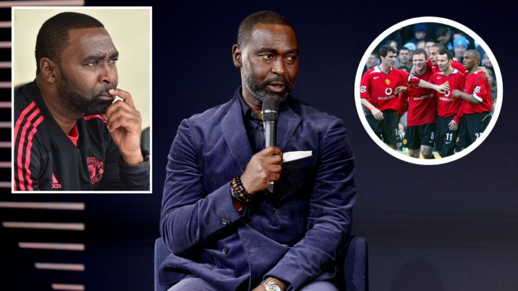 Premier League Hall of Fame 2024 Inductions features Andy Cole. inset, Cole watches on thoughtfully. Inset, Manchester United players including Roy...