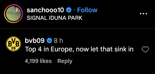 One of Borussia Dortmund's Instagram comments to Man United loanee Jadon Sancho. Credit: Instagram