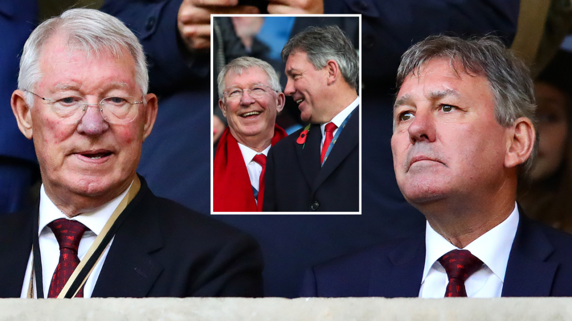 Sir Alex Ferguson and Bryan Robson in the stands. Inset, Ferguson and Robson smile