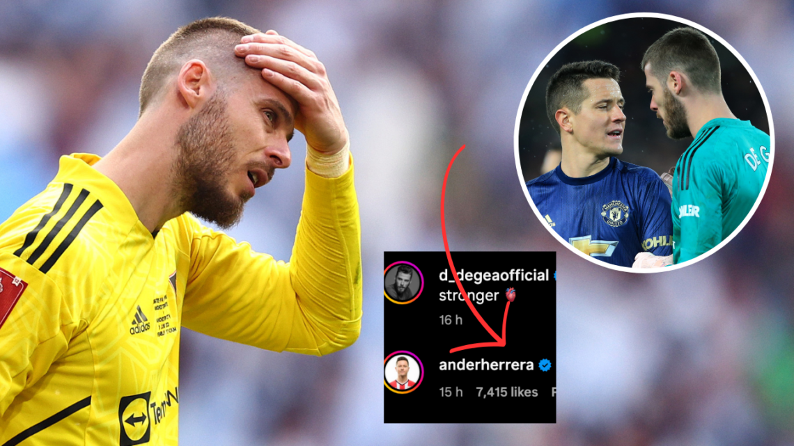David de Gea looking dejected during the 2023 FA Ciup final. Inset, De Gea with former United teammate Ander Herrera, who has sent him a supportive...