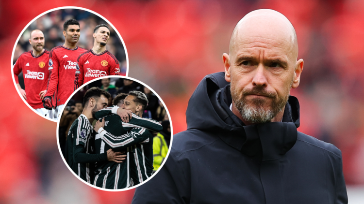 Erik ten Hag looks glum after Manchester United v Burnley FC. Inset images of United players celebrating a goal v Brentford, and a picture of them ...