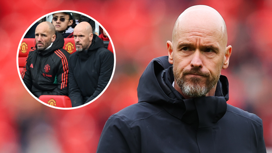 Erik ten Hag pictured looking dejected, inset Ten Hag and assistant coach Mitchell van der Gaag watch on as Manchester United face Burnley
