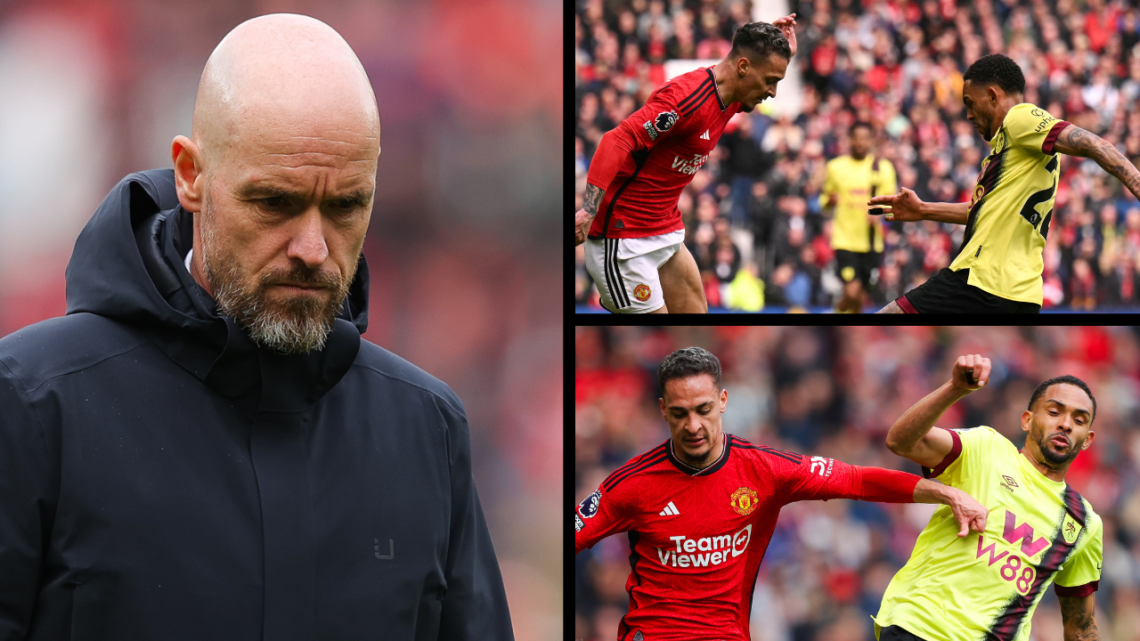 Erik ten Hag at Old Trafford for the Manchester United vs Burnley match, featuring an overlay of Antony and Vitinho in action during the Premier Le...