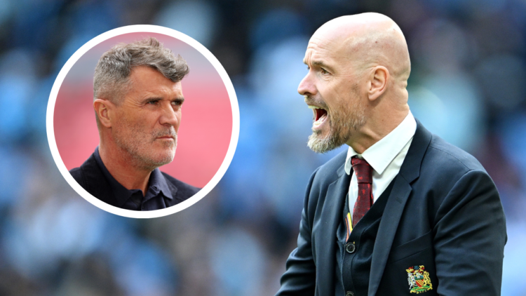 Erik ten Hag shouts during the FA Cup semi final. Inset, Roy Keane as ITV pundit