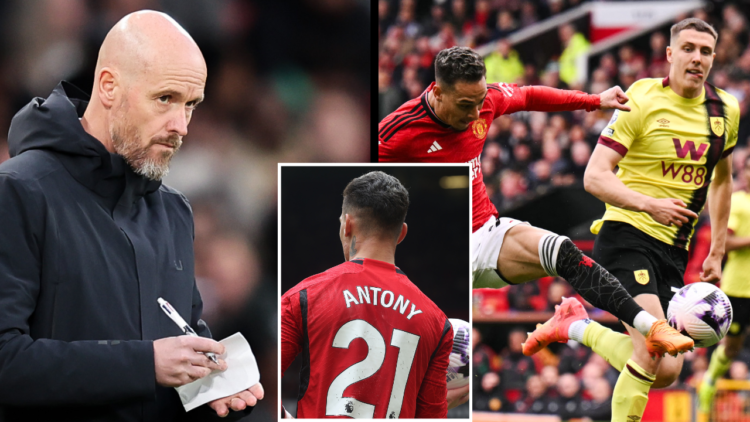 Split image of Erik ten Hag taking notes, and Antony in action against Burnley. Inset image of Antony with a football