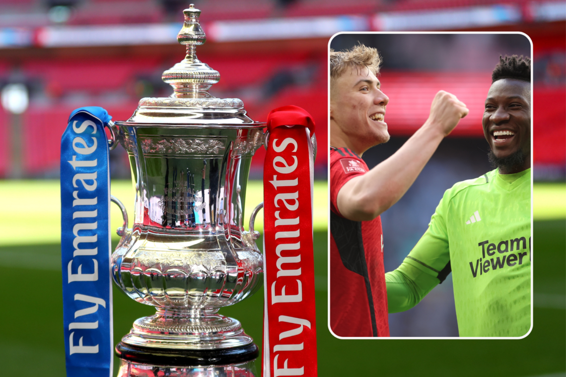 FA Cup trophy. Inset, Rasmus Hojlund and Andre Onana celebrate