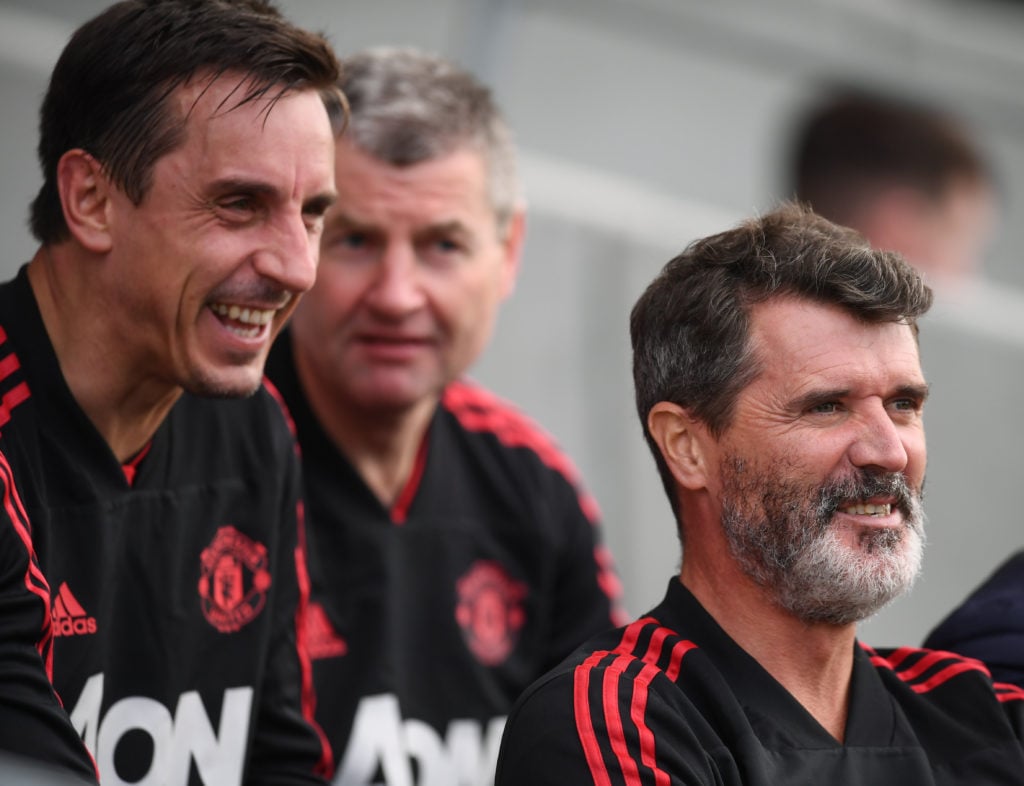 Cork , Ireland - 25 September 2018; Gary Neville, left, and Manchester United Legends manager Roy Keane during the Liam Miller Memorial match betwe...
