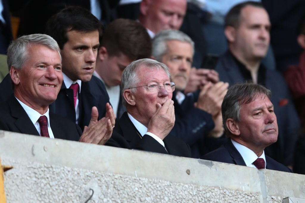 L-R) David Gill, Sir Alex Ferguson and Bryan Robson during the Premier League match between Wolverhampton Wanderers and Manchester United at Moline...