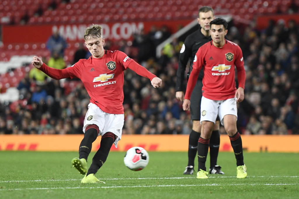 Ethan Galbraith of Manchester United U23 scores his sides second goal during the Premier League 2 match between Manchester United and Sunderland at...