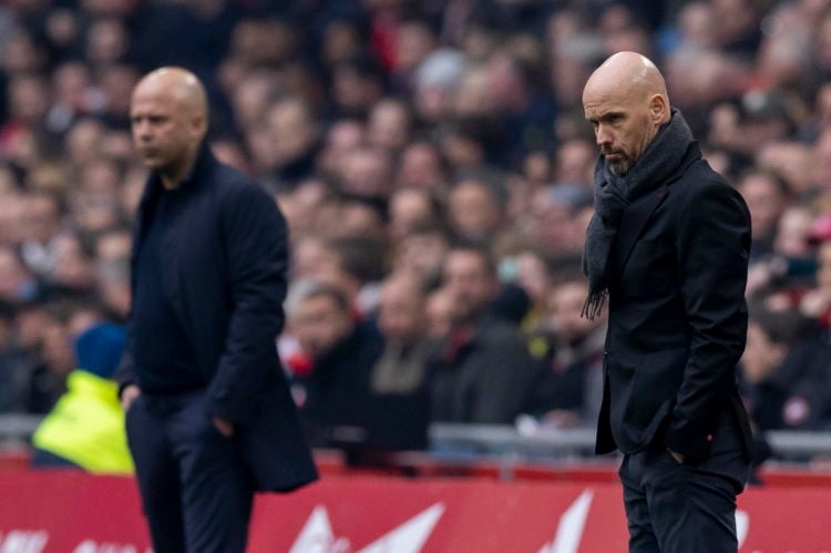 Arne Slot Coach of Feyenoord Rotterdam and Erik Ten Hag of AFC Ajax looks on during the Dutch Eredivisie match between Ajax and Feyenoord at Johan ...