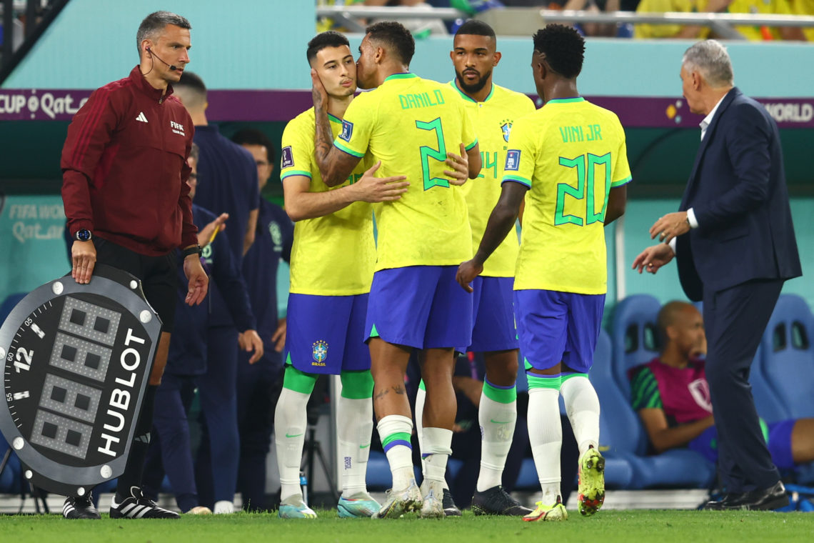 Danilo of Brazil is substituted for Bremer during the FIFA World Cup Qatar 2022 Round of 16 match between Brazil and South Korea at Stadium 974 on ...