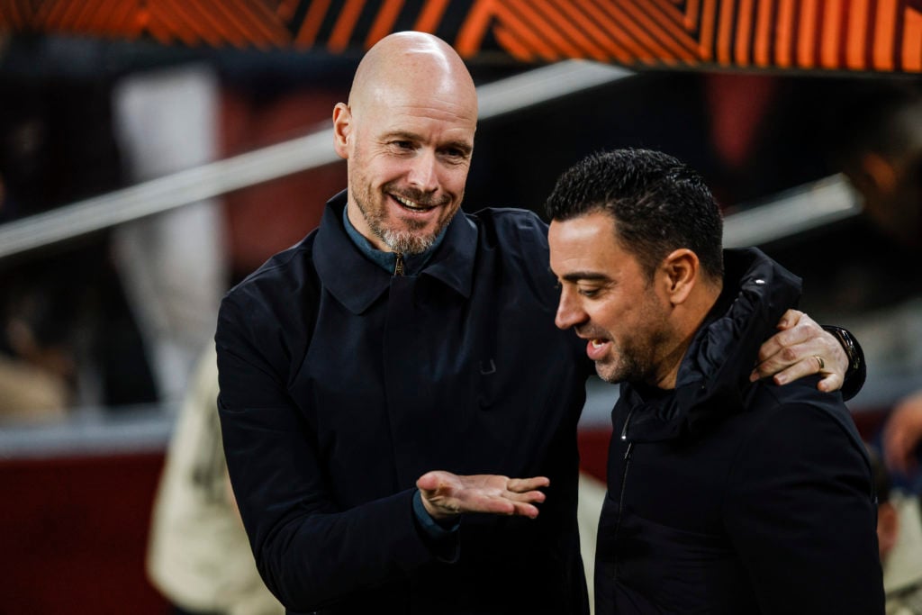 Erik Ten Hag coach of Manchester United and Xavi Hernandez coach of FC Barcelona during the UEFA Europa League match between FC Barcelona v Manches...