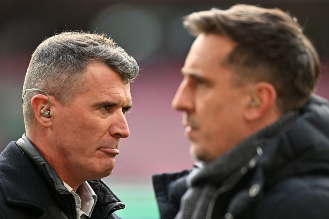 Former professional footballers turned TV pundits, Roy Keane (L) and Gary Neville work ahead of the English League Cup final football match between...