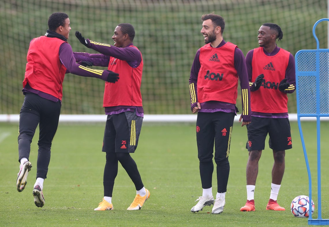 Mason Greenwood, Odion Ighalo, Bruno Fernandes, Aaron Wan-Bissaka of Manchester United in action during a first team training session ahead of the ...