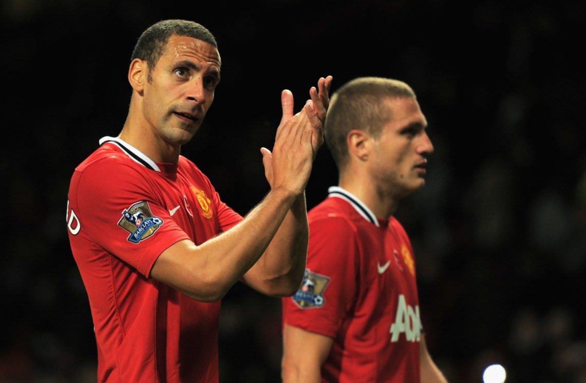 Rio Ferdinand (L) and Nemanja Vidic of Manchester United leave the field after the Barclays Premier League match between Manchester United and Sund...