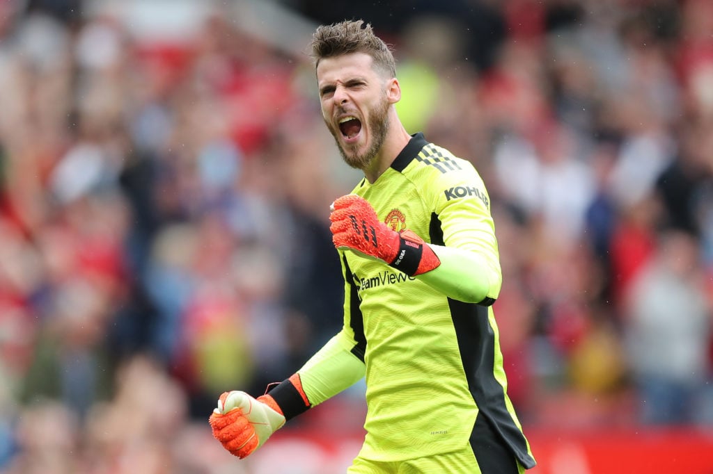 David de Gea of Manchester United celebrates after their side's third goal scored by Bruno Fernandes during the Premier League match between Manche...