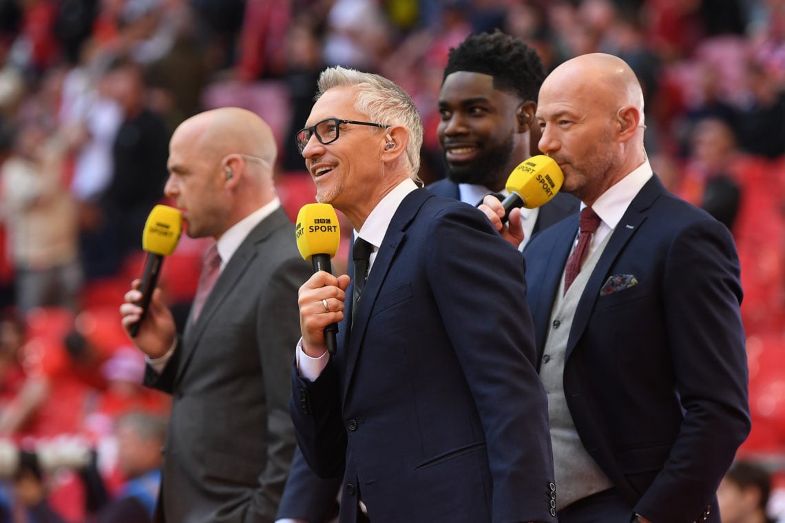 Sports Broadcaster, Gary Lineker and pundits Danny Murphy, Micah Richards and Alan Shearer react prior to The Emirates FA Cup Semi-Final match betw...