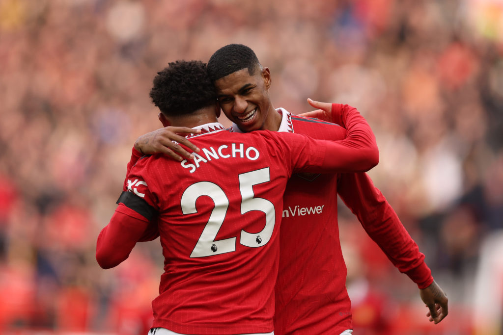 Marcus Rasford of Manchester United celebrates with Jadon Sancho after scoring the second goal during the Premier League match between Manchester U...