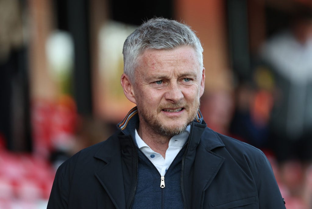 Ole Gunnar Solskjaer looks on as they arrive at the stadium prior to the Sky Bet League Two Play-Off Semi-Final First Leg match between Salford Cit...