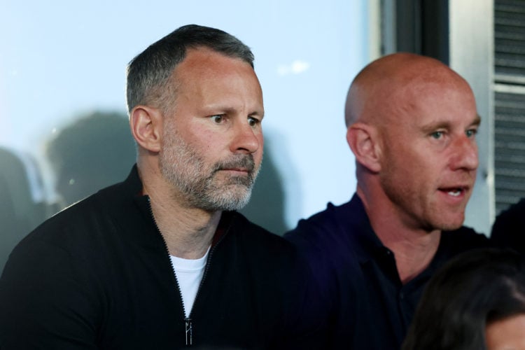 Ryan Giggs and Nicky Butt, Co-Owners of Salford City, looks on during the Sky Bet League Two Play-Off Semi-Final First Leg match between Salford Ci...