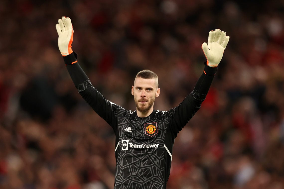 David De Gea of Manchester United celebrates their side's fourth goal scored by Marcus Rashford of Manchester United during the Premier League matc...