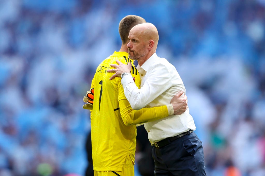 Head Coach Erik ten Hag with David De Gea of Manchester United after their sides 2-1 defeat during the FA Cup Final match between Manchester City a...